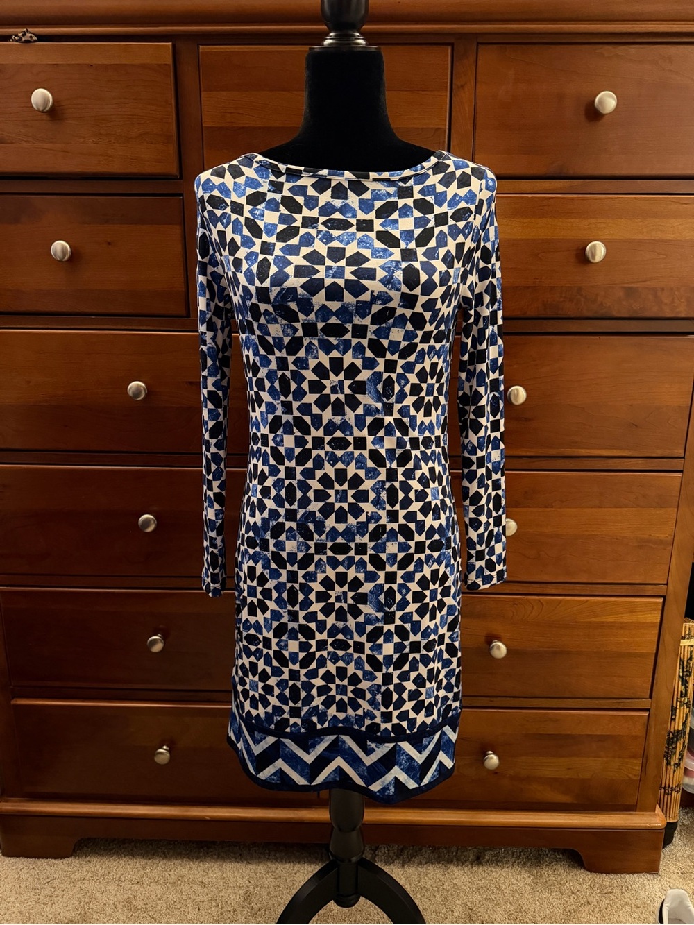 Michael Kors Blue and White Geometric Long-Sleeve Dress